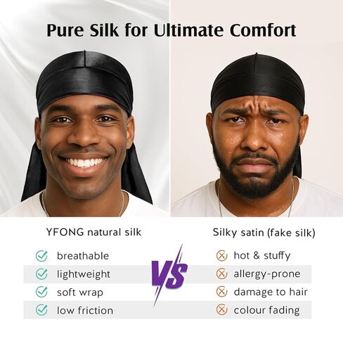 YFONG 100% 22 Momme Mulberry Silk Durags للرجال والنساء، حزام طويل للغاية حريري، مسامي وناعم لـ 360 موجة، مثالي لتغذية شعرك وملابس عصرية، قطعة واحدة، أسود in Kuwait