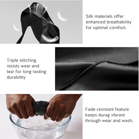 YFONG 100% 22 Momme Mulberry Silk Durags للرجال والنساء، حزام طويل للغاية حريري، مسامي وناعم لـ 360 موجة، مثالي لتغذية شعرك وملابس عصرية، قطعة واحدة، أسود in Kuwait