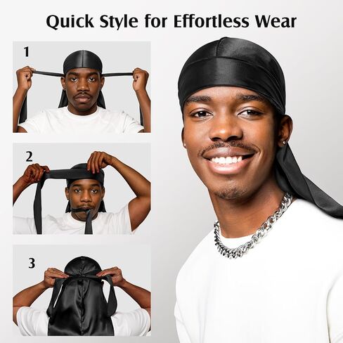 YFONG 100% 22 Momme Mulberry Silk Durags للرجال والنساء، حزام طويل للغاية حريري، مسامي وناعم لـ 360 موجة، مثالي لتغذية شعرك وملابس عصرية، قطعة واحدة، أسود in Kuwait
