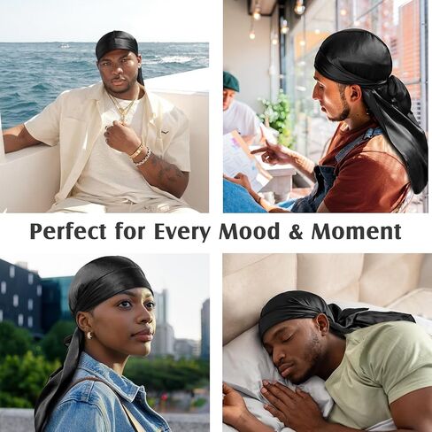 YFONG 100% 22 Momme Mulberry Silk Durags للرجال والنساء، حزام طويل للغاية حريري، مسامي وناعم لـ 360 موجة، مثالي لتغذية شعرك وملابس عصرية، قطعة واحدة، أسود in Kuwait