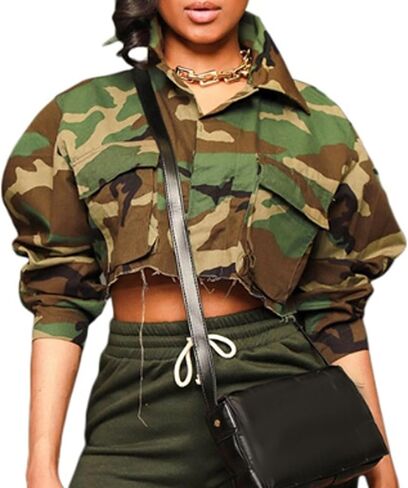 Sexyshine Women's Cropped Camo Jacket Long Sleeve Lapel Camouflage Short Coat Y2K Army Fatigue Cargo Outerwear in Saudi Arabia
