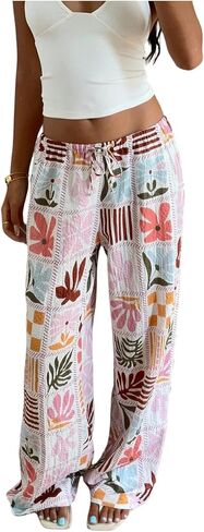 MakeMeChic Women's Fall Boho Pants Graphic Drawstring Low Waisted Straight Leg Vacation Trousers in Kuwait