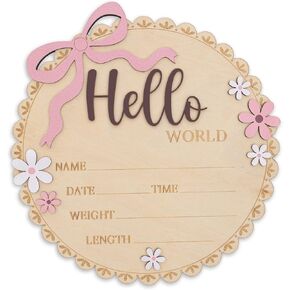 Hello World Wooden Baby Birth Announcement Sign, Pink Floral Newborn Name Date Time Weight Length Board, Baby Girl Nursery Decor Photo Prop Keepsake (Light Pink + Mouve) in Kuwait