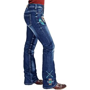 Flamingals Mid Waist Boot Cut Jeans for Women Stretchy Trendy Wash Feather Embroidery Boho Denim Jeans in Saudi Arabia