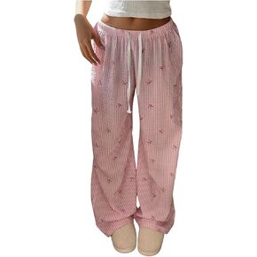 MakeMeChic Women's Y2K Bow Striped Pants Elastic Waist Pants Drawstring Straight Leg Trousers in Kuwait