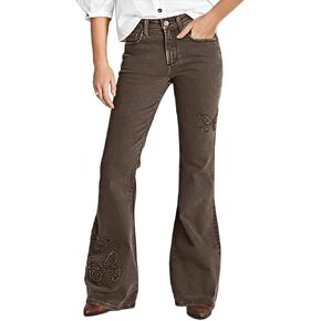 Flamingals Flare Mid Waist Pants for Women Butterfly Embroidered Pants with Pockets in Kuwait