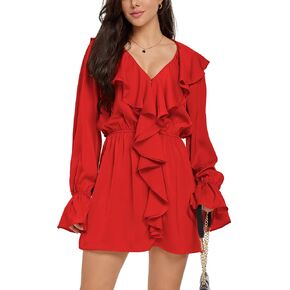 Neresum 2026 Dresses for Women V Neck Puff Fall Long Sleeve High Waist Ruffle Casual A-Line Swing Mini Dress in Saudi Arabia