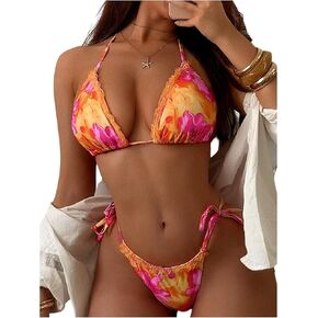 RoseSeek Women's Floral Print Lace Bikini Set Tie Backless Cheeky Bathing Suit String Triangle Swimsuit in Saudi Arabia