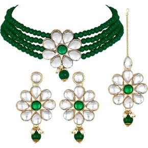 Aheli Faux Kundan Pearl Floral Choker Necklace Earring Maang Tikka Indian Traditional Bollywood Jewelry Set Gift for Women in Saudi Arabia