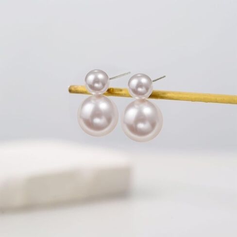 Bi&Yamigeo Mini Double Pearl Drop Stud Earrings,White Round Pearl Pendant Dangle Jewelry for Wedding Bridal Bridesmaid Birthday for Women in Kuwait