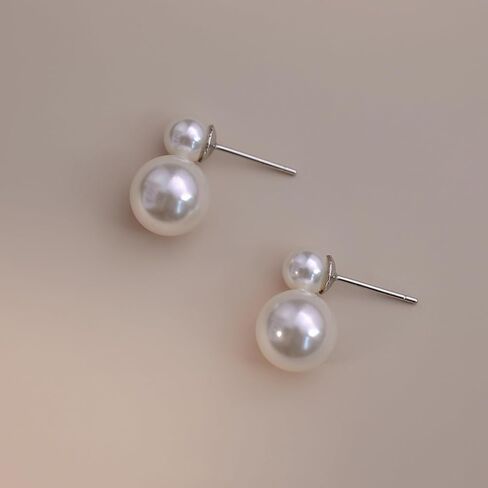 Bi&Yamigeo Mini Double Pearl Drop Stud Earrings,White Round Pearl Pendant Dangle Jewelry for Wedding Bridal Bridesmaid Birthday for Women in Kuwait