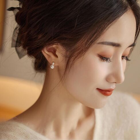 Bi&Yamigeo Mini Double Pearl Drop Stud Earrings,White Round Pearl Pendant Dangle Jewelry for Wedding Bridal Bridesmaid Birthday for Women in Kuwait