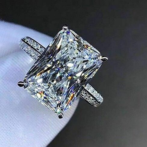 White Gold Plated Silver Engagement Wedding Ring with Large Carat Emerald Cut Cubic Zirconia CZ Oversized 6 Carat 3A Zircon Engagement Cushion Cut Halo Engagement Ring Size 7 in Saudi Arabia