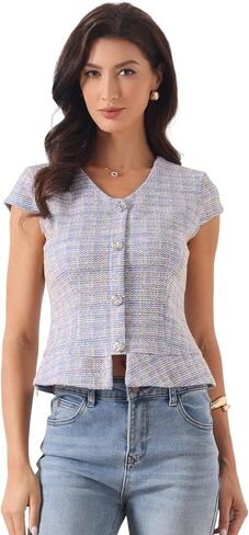 قمصان Allegra K Tweed Peplum للسيدات بلوزة منقوشة ذات أكمام قصيرة وديكور بأزرار in Saudi Arabia