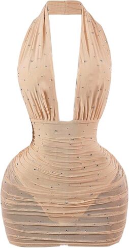 Verdusa Women's Y2K Rave Party Rhinestone Backless Ruched Halter Dress Deep V Neck Sheer Mini Dresses in Kuwait