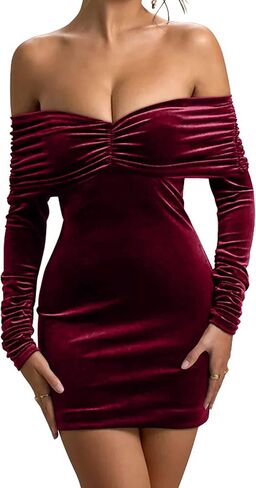 GOKATOSAU Women's Sexy Velvet Long Sleeve Off Shoulder Ruched V Neck Bodycon Mini Cocktail Dress in Saudi Arabia