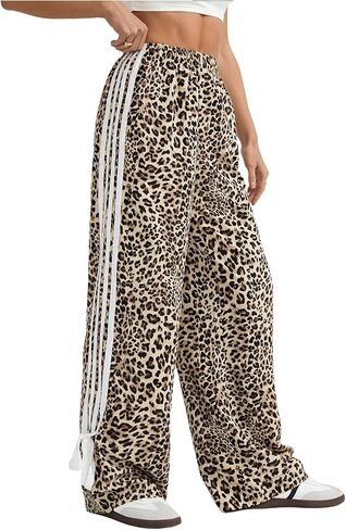 بنطلون نسائي من GORGLITTER بتصميم الفهد الفهد الفضفاض مع فيونكة عالية الخصر وواسعة الساق in Kuwait