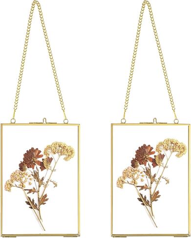 JUXYES Set of 2 Wall Hanging Brass Frames for Pressed Flowers, Double Glass Hanging Picture Artwork Display Frame, Vertical Gold Floating Style Gallery Wall Frame for Photo Picture Poster etc, 4x6 Inches in Saudi Arabia