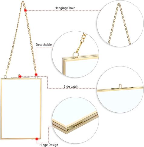 JUXYES Set of 2 Wall Hanging Brass Frames for Pressed Flowers, Double Glass Hanging Picture Artwork Display Frame, Vertical Gold Floating Style Gallery Wall Frame for Photo Picture Poster etc, 4x6 Inches in Saudi Arabia
