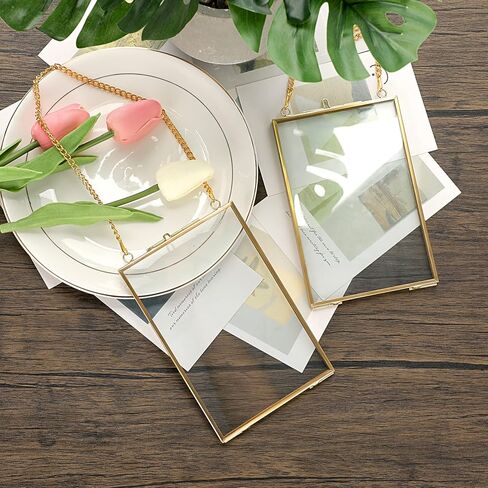 JUXYES Set of 2 Wall Hanging Brass Frames for Pressed Flowers, Double Glass Hanging Picture Artwork Display Frame, Vertical Gold Floating Style Gallery Wall Frame for Photo Picture Poster etc, 4x6 Inches in Saudi Arabia