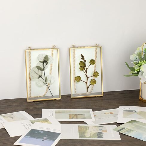 JUXYES Set of 2 Wall Hanging Brass Frames for Pressed Flowers, Double Glass Hanging Picture Artwork Display Frame, Vertical Gold Floating Style Gallery Wall Frame for Photo Picture Poster etc, 4x6 Inches in Saudi Arabia