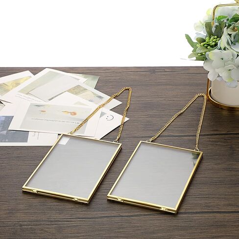 JUXYES Set of 2 Wall Hanging Brass Frames for Pressed Flowers, Double Glass Hanging Picture Artwork Display Frame, Vertical Gold Floating Style Gallery Wall Frame for Photo Picture Poster etc, 4x6 Inches in Saudi Arabia
