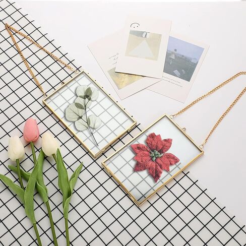 JUXYES Set of 2 Wall Hanging Brass Frames for Pressed Flowers, Double Glass Hanging Picture Artwork Display Frame, Vertical Gold Floating Style Gallery Wall Frame for Photo Picture Poster etc, 4x6 Inches in Saudi Arabia