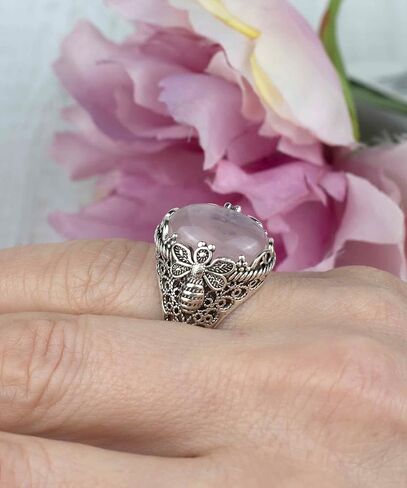 Filigranist 925 Sterling Silver Filigree Art Queen Bee Detailed Women Statement Ring with Gemstone, Gift Boxed in Kuwait