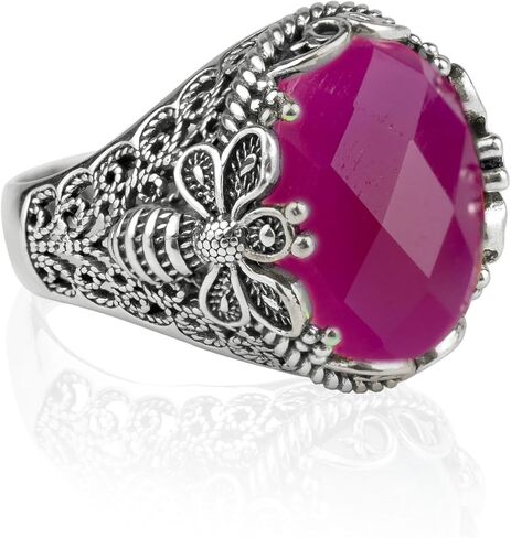 Filigranist 925 Sterling Silver Filigree Art Queen Bee Detailed Women Statement Ring with Gemstone, Gift Boxed in Kuwait
