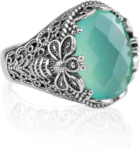 Filigranist 925 Sterling Silver Filigree Art Queen Bee Detailed Women Statement Ring with Gemstone, Gift Boxed in Kuwait
