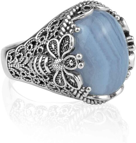 Filigranist 925 Sterling Silver Filigree Art Queen Bee Detailed Women Statement Ring with Gemstone, Gift Boxed in Kuwait