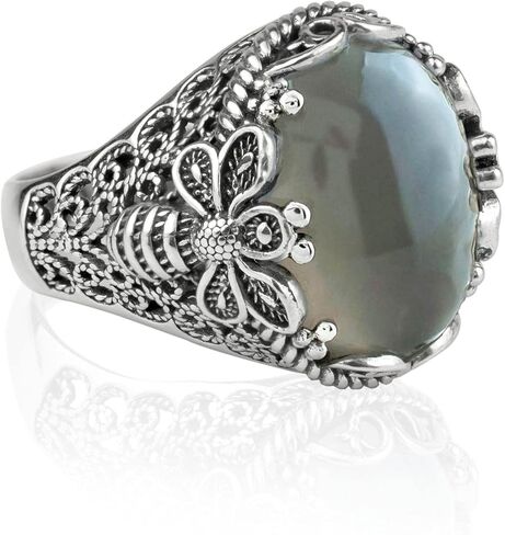 Filigranist 925 Sterling Silver Filigree Art Queen Bee Detailed Women Statement Ring with Gemstone, Gift Boxed in Kuwait