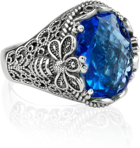 Filigranist 925 Sterling Silver Filigree Art Queen Bee Detailed Women Statement Ring with Gemstone, Gift Boxed in Kuwait