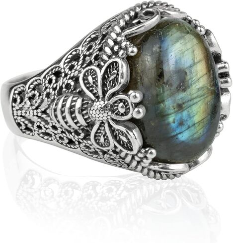Filigranist 925 Sterling Silver Filigree Art Queen Bee Detailed Women Statement Ring with Gemstone, Gift Boxed in Kuwait