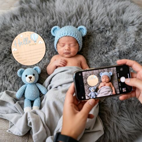 لافتة إعلان لحديثي الولادة، لوحة اسم الميلاد الخشبية المستديرة مقاس 5.9 بوصة/15 سم مع لوحة اسم الميلاد مع منطاد الهواء الساخن ثلاثي الأبعاد سحاب ونجوم وديكور حضانة المنزل والمستشفى ودعائم الصور in Kuwait