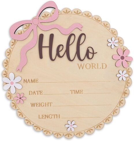 Hello World Wooden Baby Birth Announcement Sign, Pink Floral Newborn Name Date Time Weight Length Board, Baby Girl Nursery Decor Photo Prop Keepsake (Light Pink + Mouve) in Saudi Arabia
