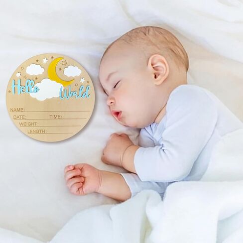 Baby Announcement Sign, ​5.9 Inch Wooden Hello World Newborn Signs, Birth Announcement Sign, Moon Cloud Stars Decoration, Welcome Newborn Arrival To World, Hospital Nursery for Baby (Purple) in Saudi Arabia