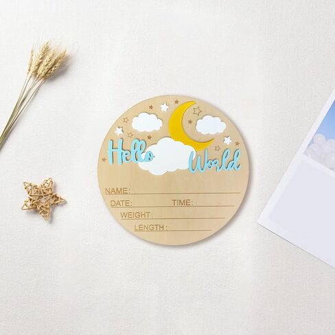 Baby Announcement Sign, ​5.9 Inch Wooden Hello World Newborn Signs, Birth Announcement Sign, Moon Cloud Stars Decoration, Welcome Newborn Arrival To World, Hospital Nursery for Baby (Purple) in Saudi Arabia