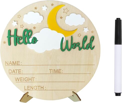 Baby Announcement Sign, ​5.9 Inch Wooden Hello World Newborn Signs, Birth Announcement Sign, Moon Cloud Stars Decoration, Welcome Newborn Arrival To World, Hospital Nursery for Baby (Purple) in Saudi Arabia