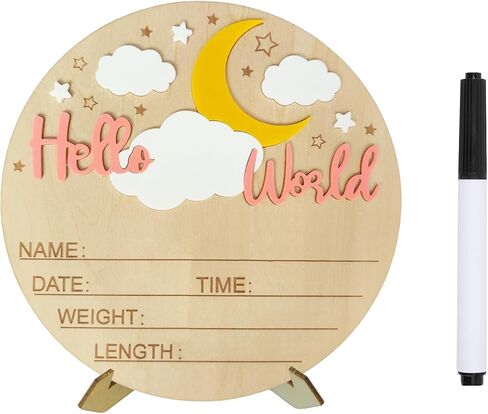 Baby Announcement Sign, ​5.9 Inch Wooden Hello World Newborn Signs, Birth Announcement Sign, Moon Cloud Stars Decoration, Welcome Newborn Arrival To World, Hospital Nursery for Baby (Purple) in Saudi Arabia