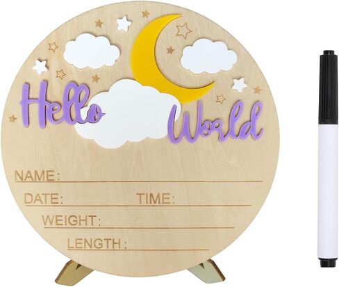 Baby Announcement Sign, ​5.9 Inch Wooden Hello World Newborn Signs, Birth Announcement Sign, Moon Cloud Stars Decoration, Welcome Newborn Arrival To World, Hospital Nursery for Baby (Purple) in Saudi Arabia