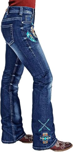 Flamingals Mid Waist Boot Cut Jeans for Women Stretchy Trendy Wash Feather Embroidery Boho Denim Jeans in Saudi Arabia