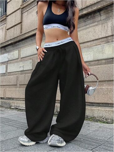 MakeMeChic Women's Barrel Pants Baggy Wide Leg Sweatpants Y2k Pants Streetwear in Saudi Arabia