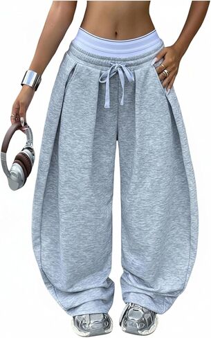 MakeMeChic Women's Barrel Pants Baggy Wide Leg Sweatpants Y2k Pants Streetwear in Kuwait