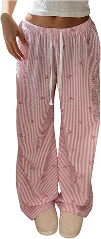 MakeMeChic Women's Y2K Bow Striped Pants Elastic Waist Pants Drawstring Straight Leg Trousers in Kuwait