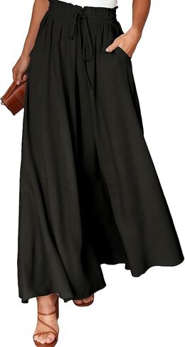 Am Direct Women's High Waisted Wide Leg Palazzo Pants with Pockets, Flowy Elastic Waist Maxi Pants in Saudi Arabia
