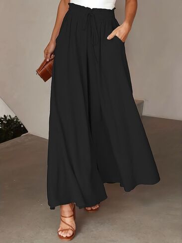 Am Direct Women's High Waisted Wide Leg Palazzo Pants with Pockets, Flowy Elastic Waist Maxi Pants in Saudi Arabia