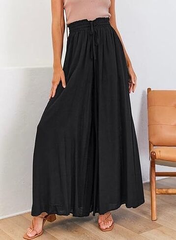 Am Direct Women's High Waisted Wide Leg Palazzo Pants with Pockets, Flowy Elastic Waist Maxi Pants in Saudi Arabia