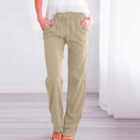 Shamonaty Linen Pants for Women High Waist Drawstring Wide Leg Cotton Linen Pants Casual Loose Fit Summer Palazzo Pant in Kuwait