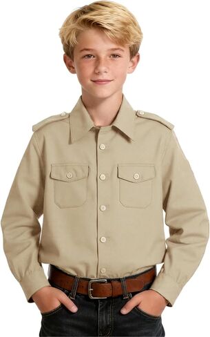 Boys Long Sleeve Button-Down Shirt Kids Casual Western Shirts Tops with Two Pockets in Kuwait